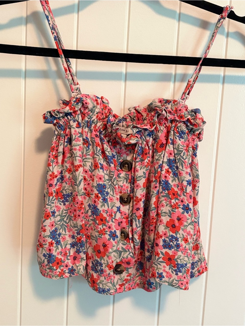 American Eagle Red Pink Floral Ruffle Cami Crop Top Tank Small